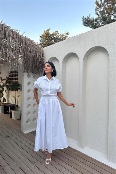 Toptan Beyaz Nakışlı İşlemeli Elbise