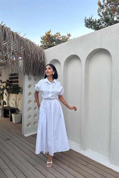 Toptan Beyaz Nakışlı İşlemeli Elbise