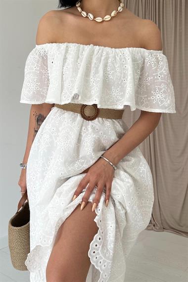 Toptan Beyaz Omzu Lastikli Brode Elbise