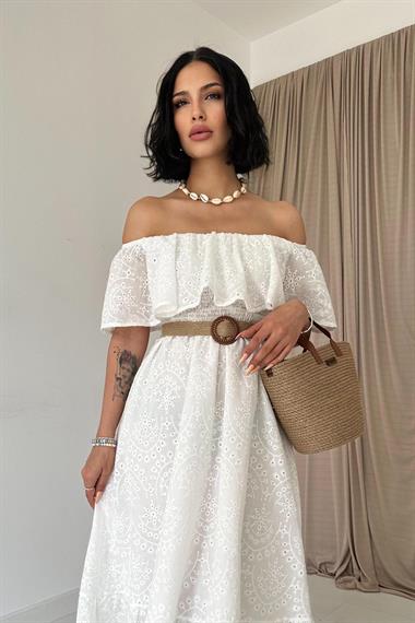 Toptan Beyaz Omzu Lastikli Brode Elbise
