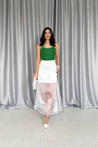 Toptan Beyaz Organze Detaylı Atlas Etek