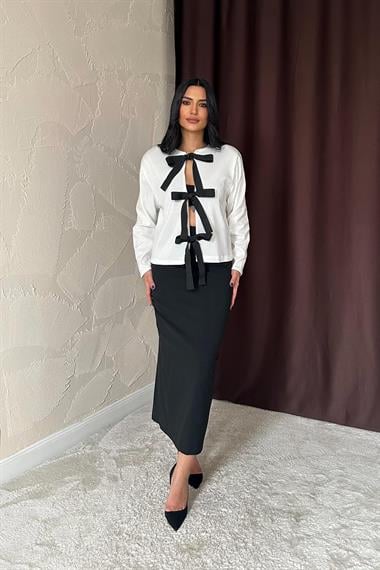 Toptan Beyaz Payetli Önü Fiyonklu Ceket