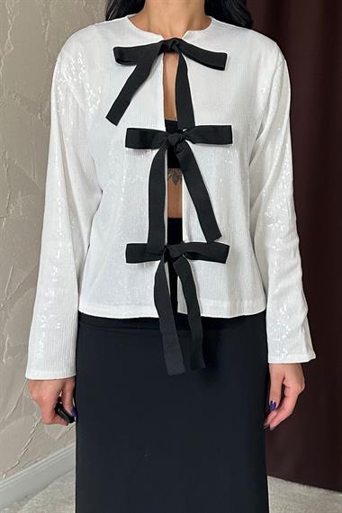 Toptan Beyaz Payetli Önü Fiyonklu Ceket