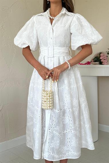 Toptan Beyaz Pileli Balon Kol Elbise