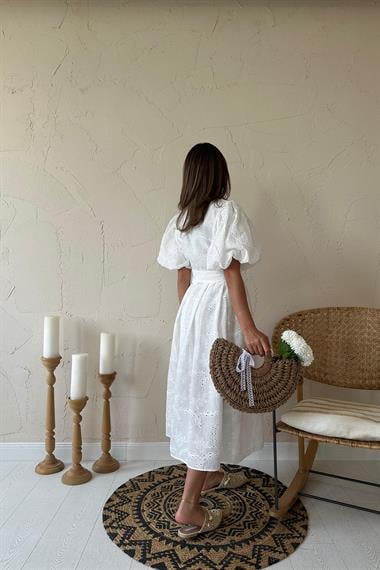 Toptan Beyaz Pileli Balon Kol Elbise