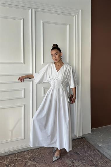 Toptan Beyaz Pileli Uzun Elbise