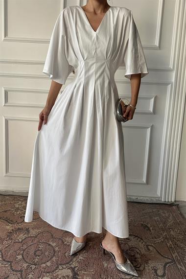 Toptan Beyaz Pileli Uzun Elbise