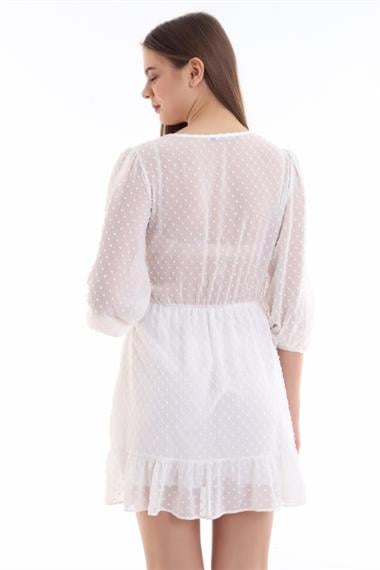 Toptan Beyaz Puantiyeli Kruvaze Elbise