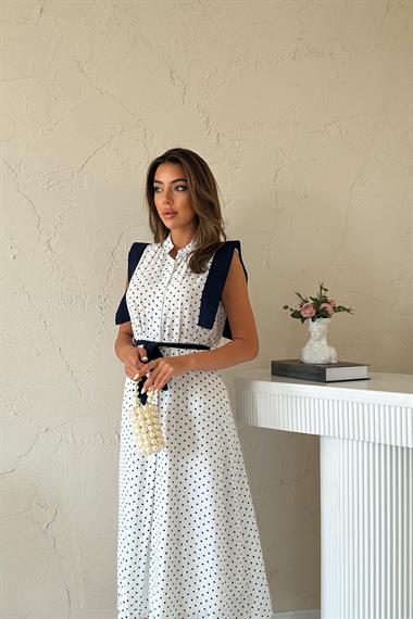 Toptan Beyaz Puantiyeli Kuşaklı Elbise
