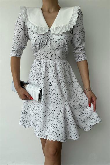 Toptan Beyaz Puantiyeli Önlük Yaka Elbise