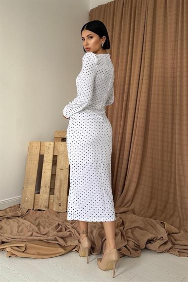 Toptan Beyaz Puantiyeli V Yaka Güllü Elbise