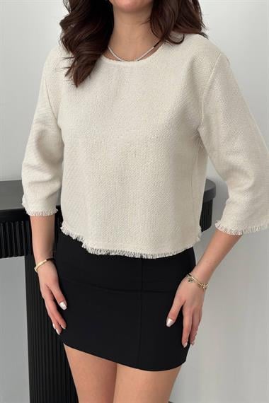 Toptan Beyaz Püskül Detaylı Bluz