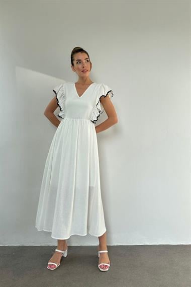 Toptan Beyaz Siyah Şeritli Keten Elbise