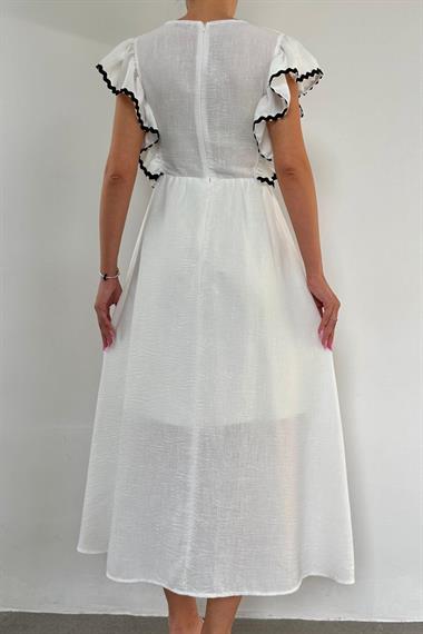 Toptan Beyaz Siyah Şeritli Keten Elbise