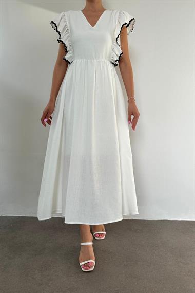 Toptan Beyaz Siyah Şeritli Keten Elbise