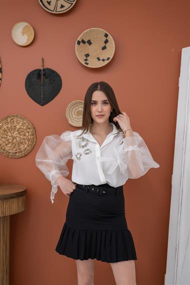 Toptan Beyaz Taş İşlemeli Gömlek