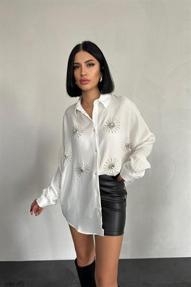 Wholesale White Stone Embroidered Shirt