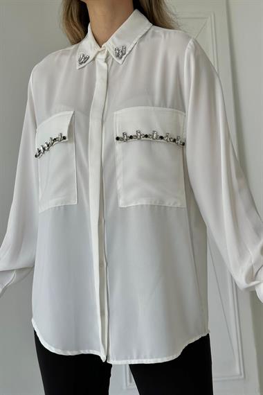 Wholesale White Stone Embroidered Satin Shirt
