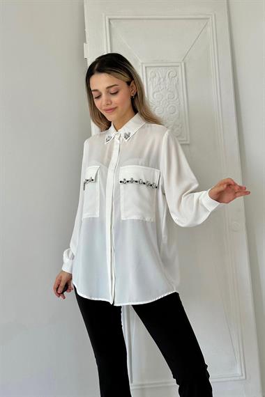 Wholesale White Stone Embroidered Satin Shirt