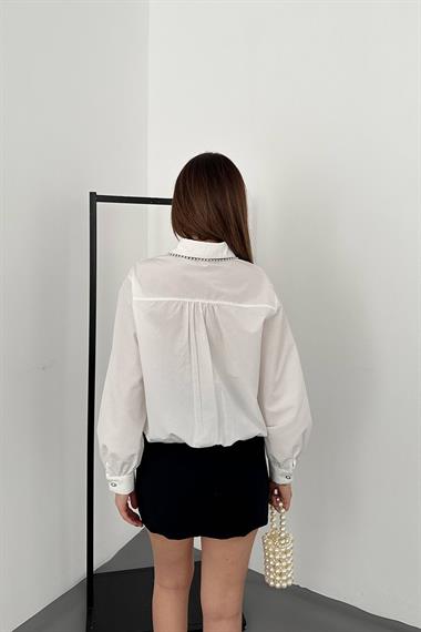 Toptan Beyaz Taşlı Poplin Gömlek