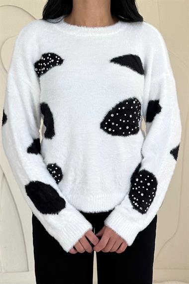 Toptan Beyaz Taşlı Triko Kazak