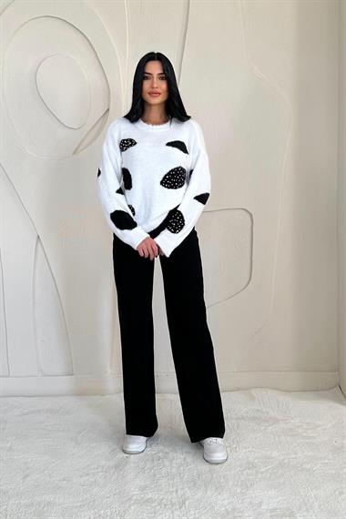 Toptan Beyaz Taşlı Triko Kazak