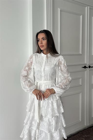 Toptan Beyaz Valonlu Şeritli Kat Kat Elbise