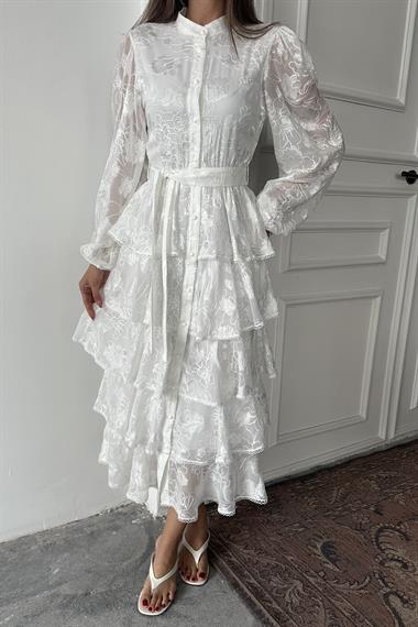 Toptan Beyaz Valonlu Şeritli Kat Kat Elbise