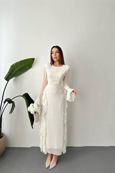 Toptan Beyaz Volanlı Şifon Elbise