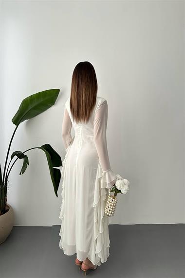 Toptan Beyaz Volanlı Şifon Elbise