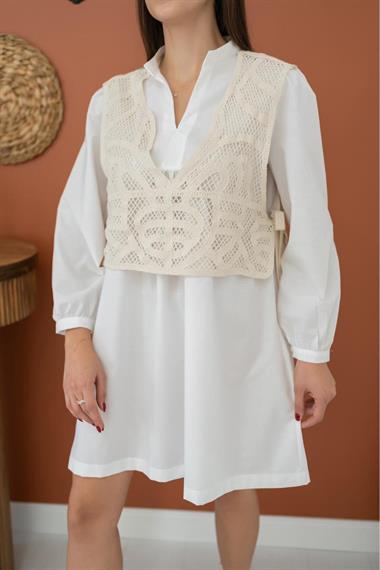 Toptan Beyaz Yelekli Poplin Elbise