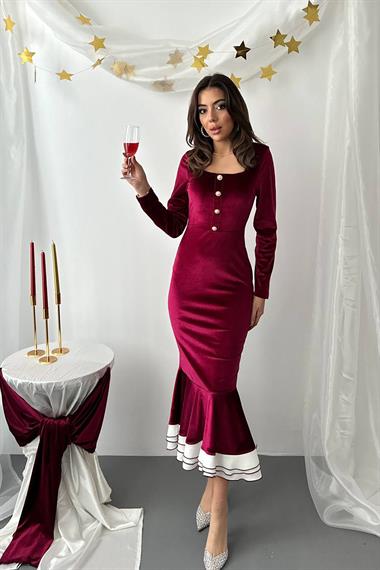 Toptan Bordo Alt Eteği Volanlı Kadife Elbise