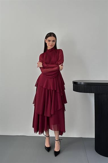 Toptan Bordo Bel Detaylı Elbise