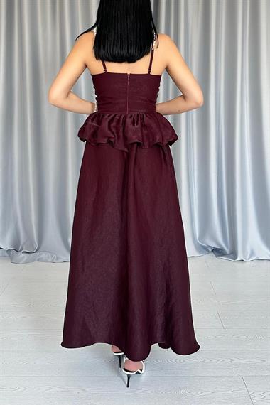 Toptan Bordo Beli Büzgülü İnci Askılı Uzun Elbise