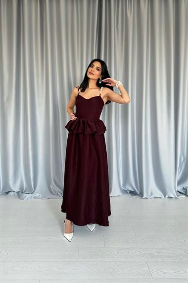 Toptan Bordo Beli Büzgülü İnci Askılı Uzun Elbise