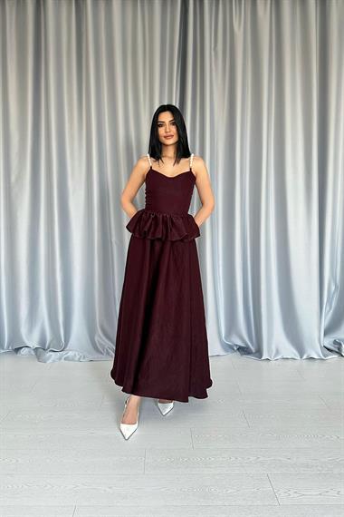 Toptan Bordo Beli Büzgülü İnci Askılı Uzun Elbise