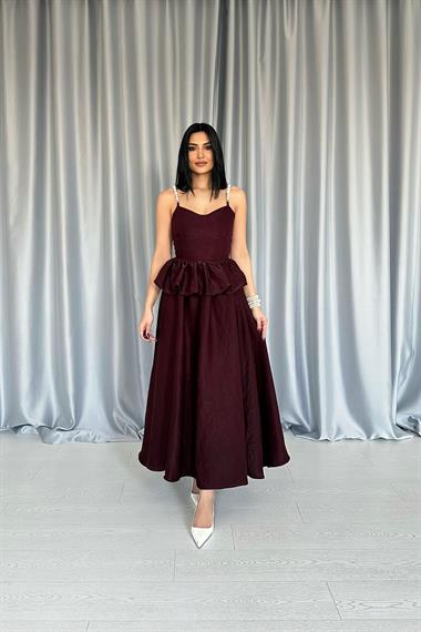 Toptan Bordo Beli Büzgülü İnci Askılı Uzun Elbise