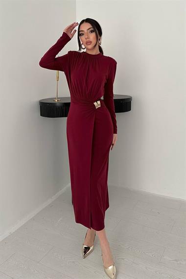 Toptan Bordo Beli Tokalı Elbise