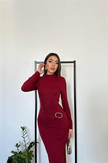 Toptan Bordo Beli Tokalı Elbise