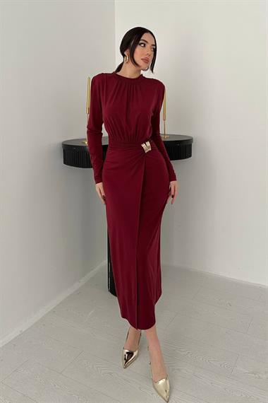 Toptan Bordo Beli Tokalı Elbise