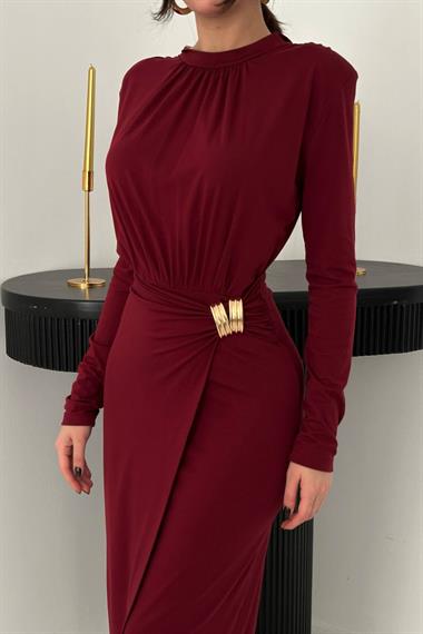 Toptan Bordo Beli Tokalı Elbise