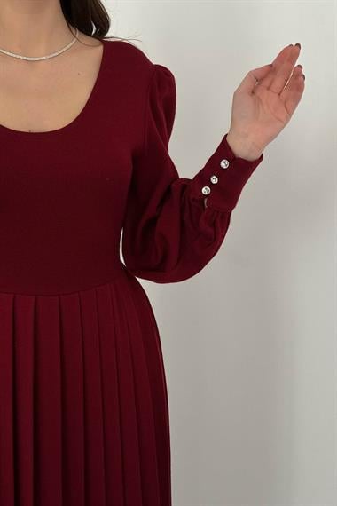 Toptan Bordo Bisiklet Yaka Elbise