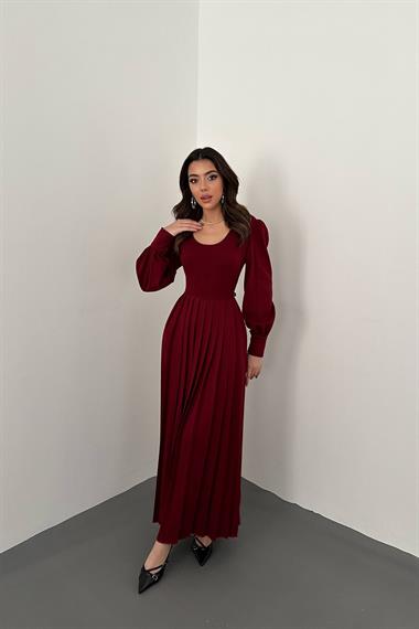 Toptan Bordo Bisiklet Yaka Elbise