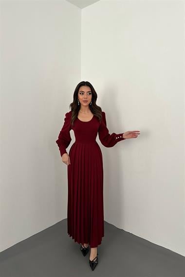 Toptan Bordo Bisiklet Yaka Elbise