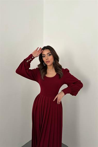 Toptan Bordo Bisiklet Yaka Elbise
