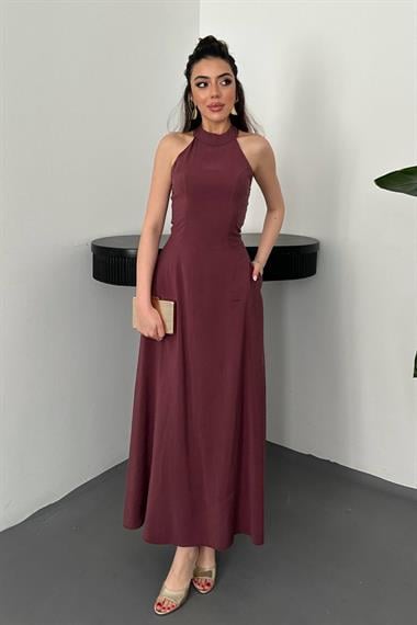 Toptan Bordo Boynundan Bağlamalı Elbise
