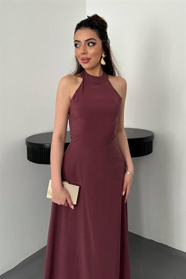Toptan Bordo Boynundan Bağlamalı Elbise