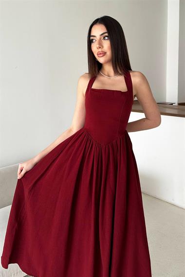 Toptan Bordo Boyundan Bağlamalı Keten Elbise