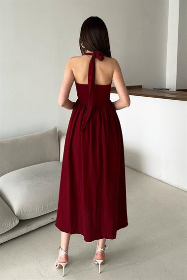 Toptan Bordo Boyundan Bağlamalı Keten Elbise