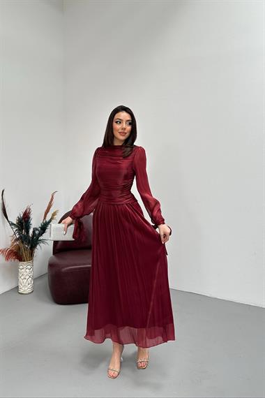 Toptan Bordo Büzgü Detaylı Manşeti Kuşaklı Elbise